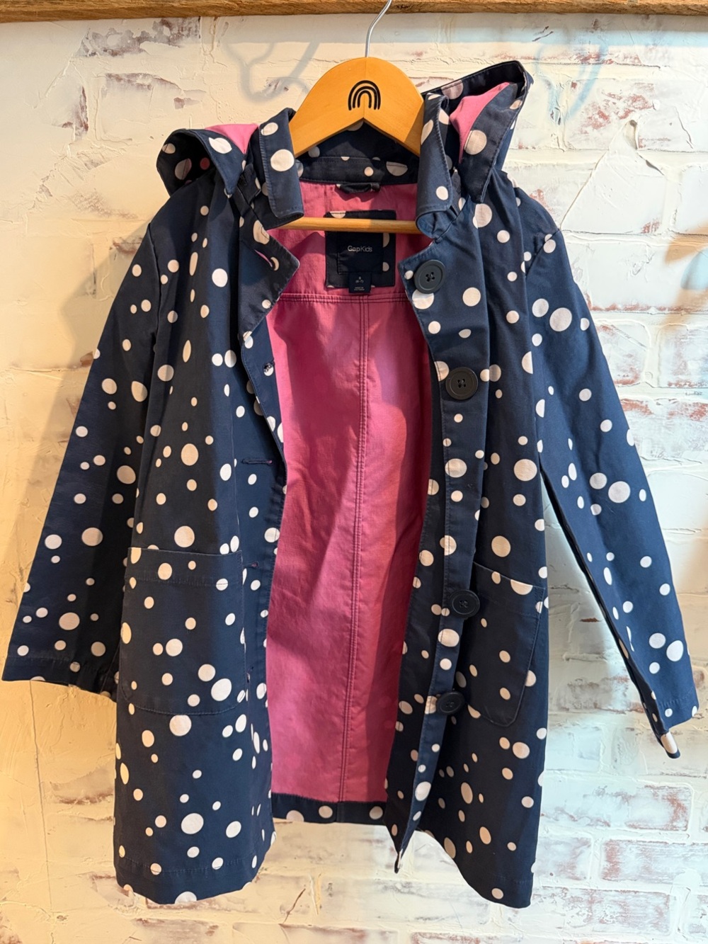 GAP Navy Polka Dot Hooded Raincoat with Pink Lining
